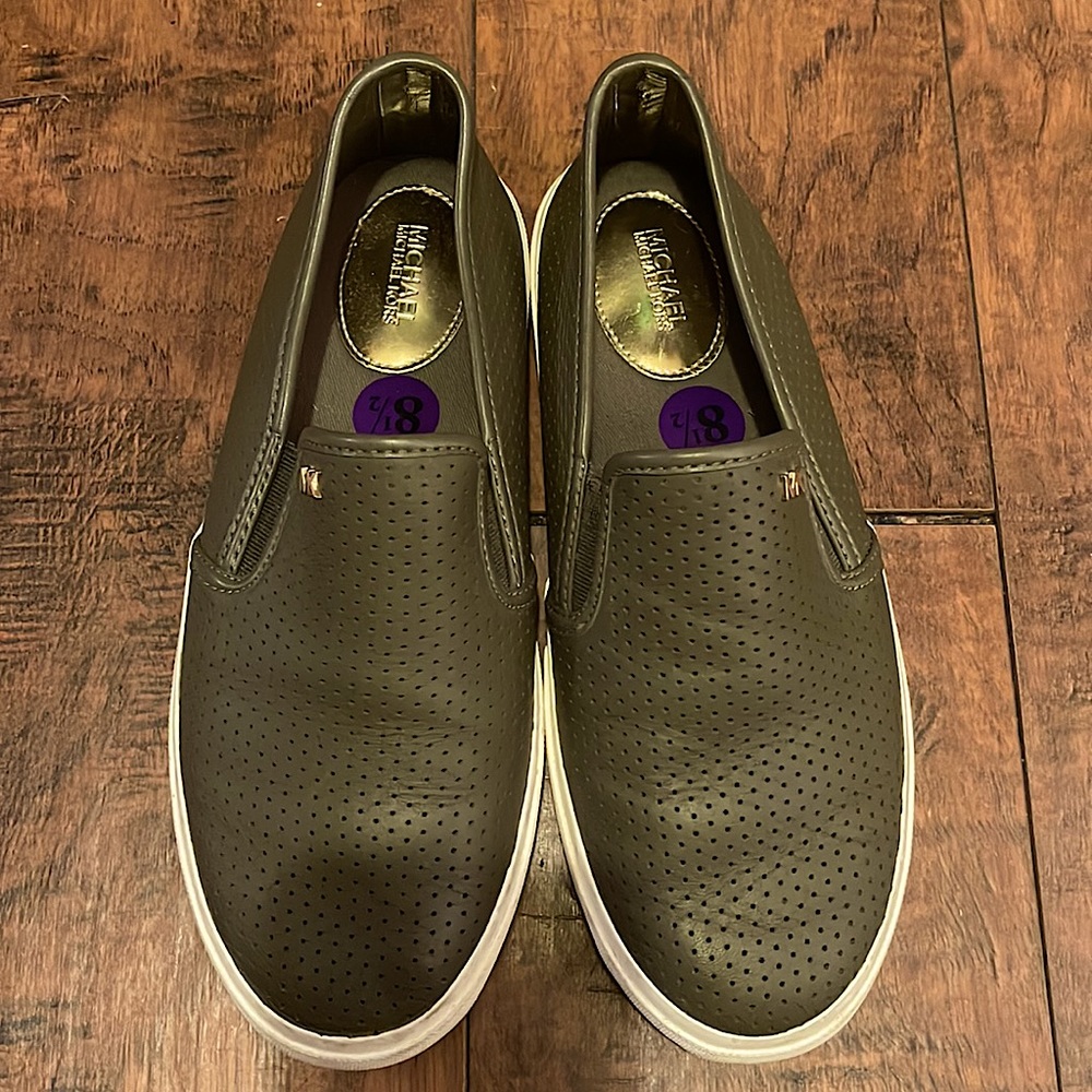 Michael Kors Olive green slip on sneakers with gold accent, worn twice